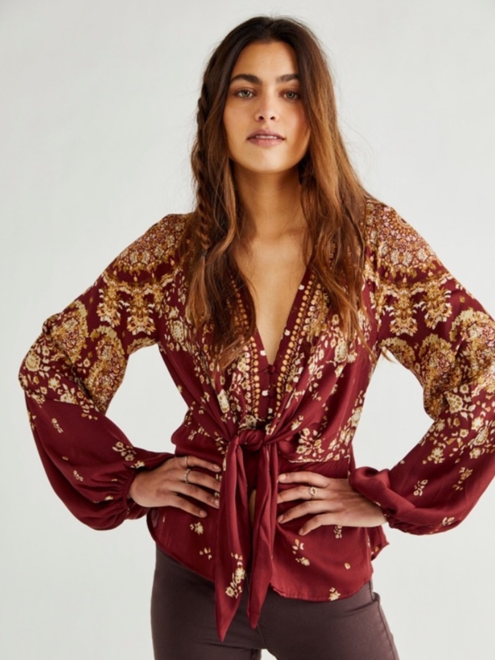 FP Women's Burgundy Floral Tie-Front Blouse
